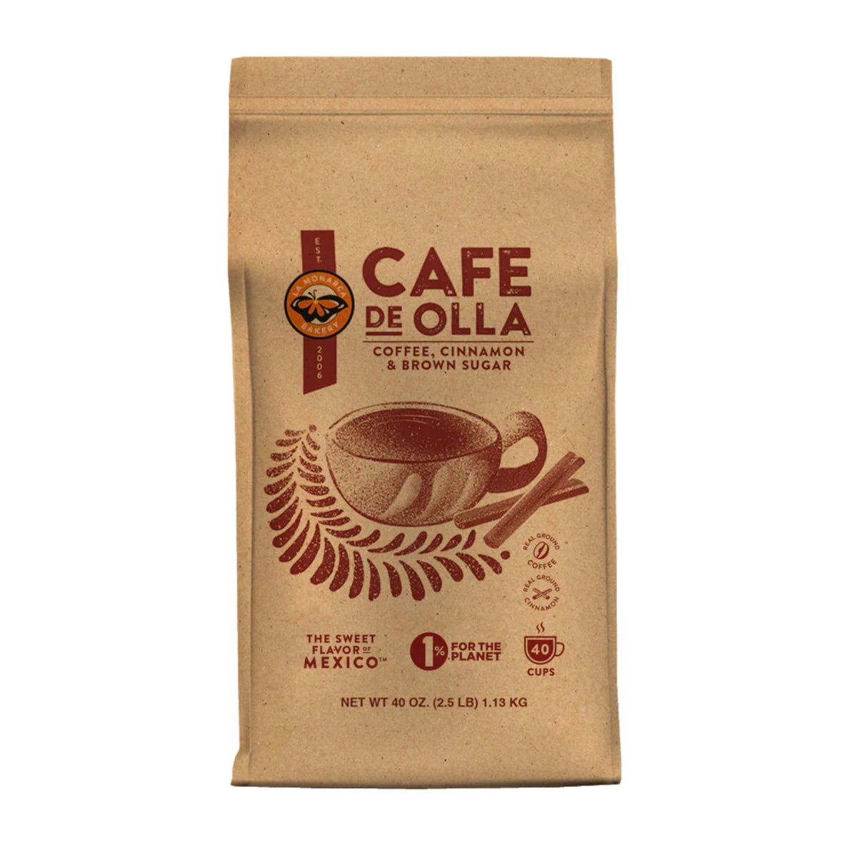 La Monarca Café de Olla ground coffee bag with warm cinnamon aroma.