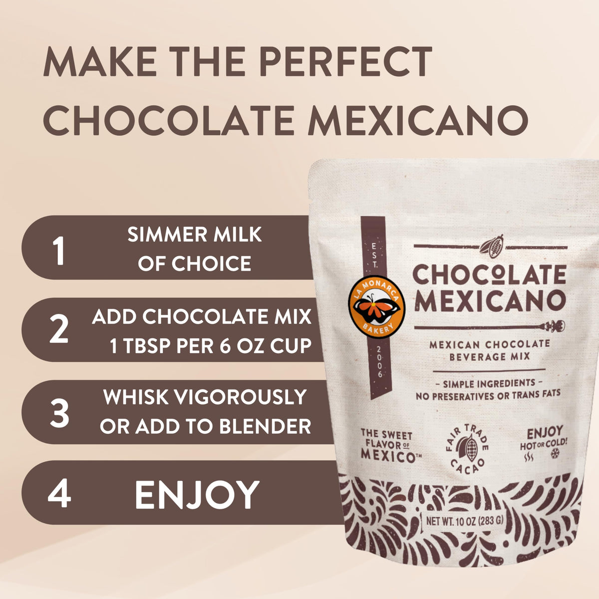 Steaming cup of La Monarca hot chocolate, inviting and comforting.
