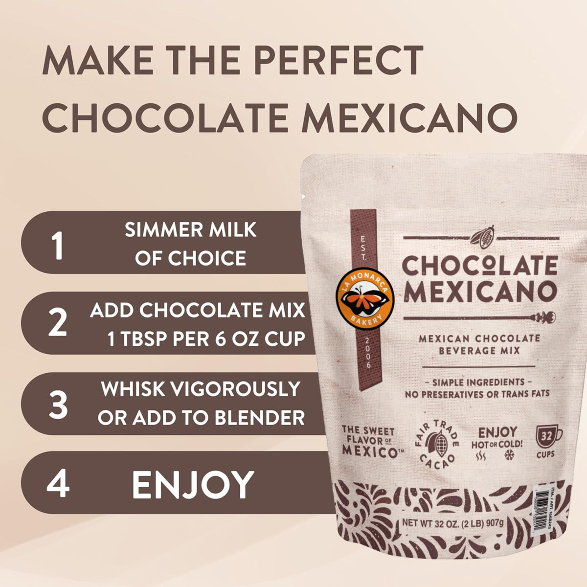 La Monarca Bakery hot cocoa being whisked into a creamy café-style cup.
