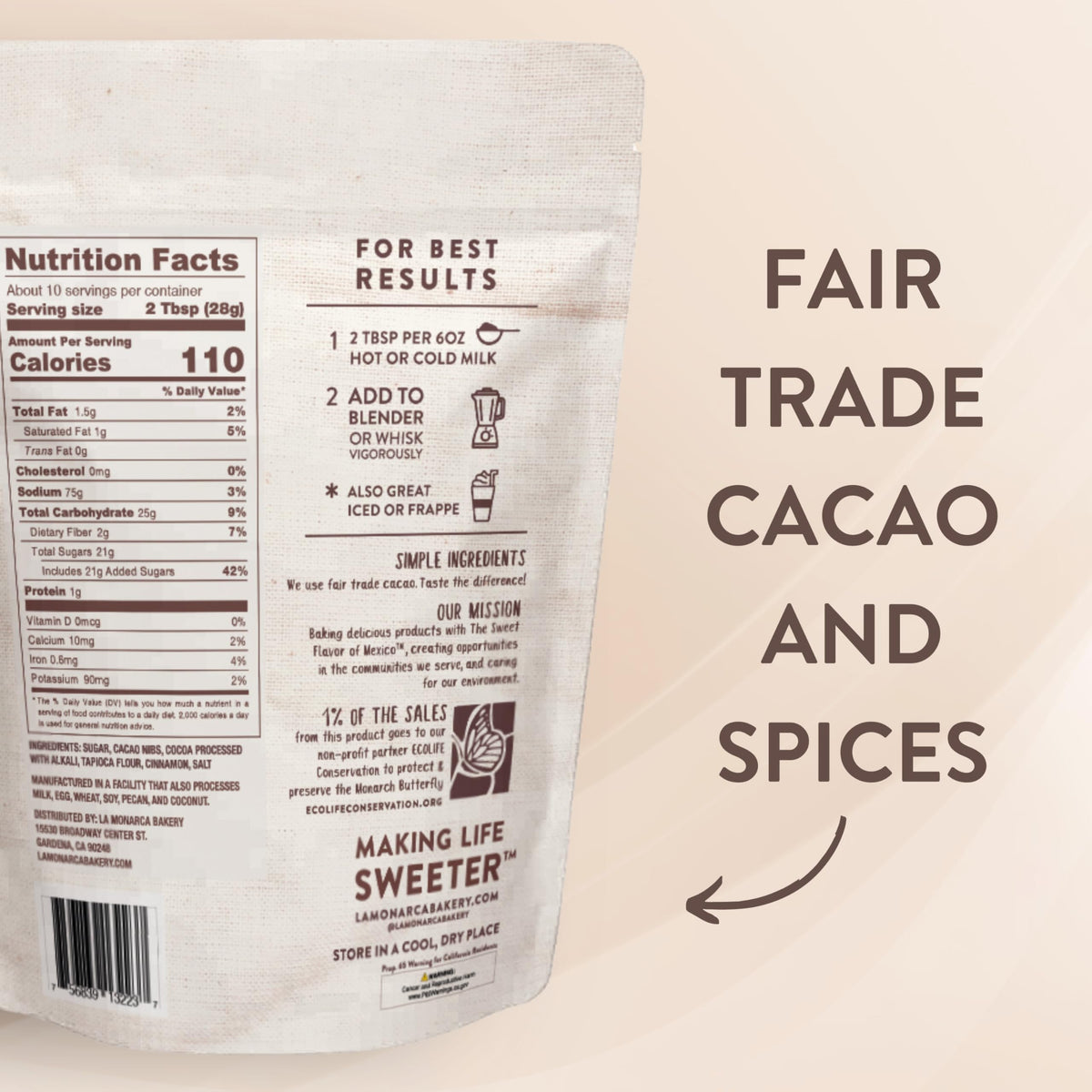 La Monarca Bakery hot chocolate bags open, ready to brew a rich cup.