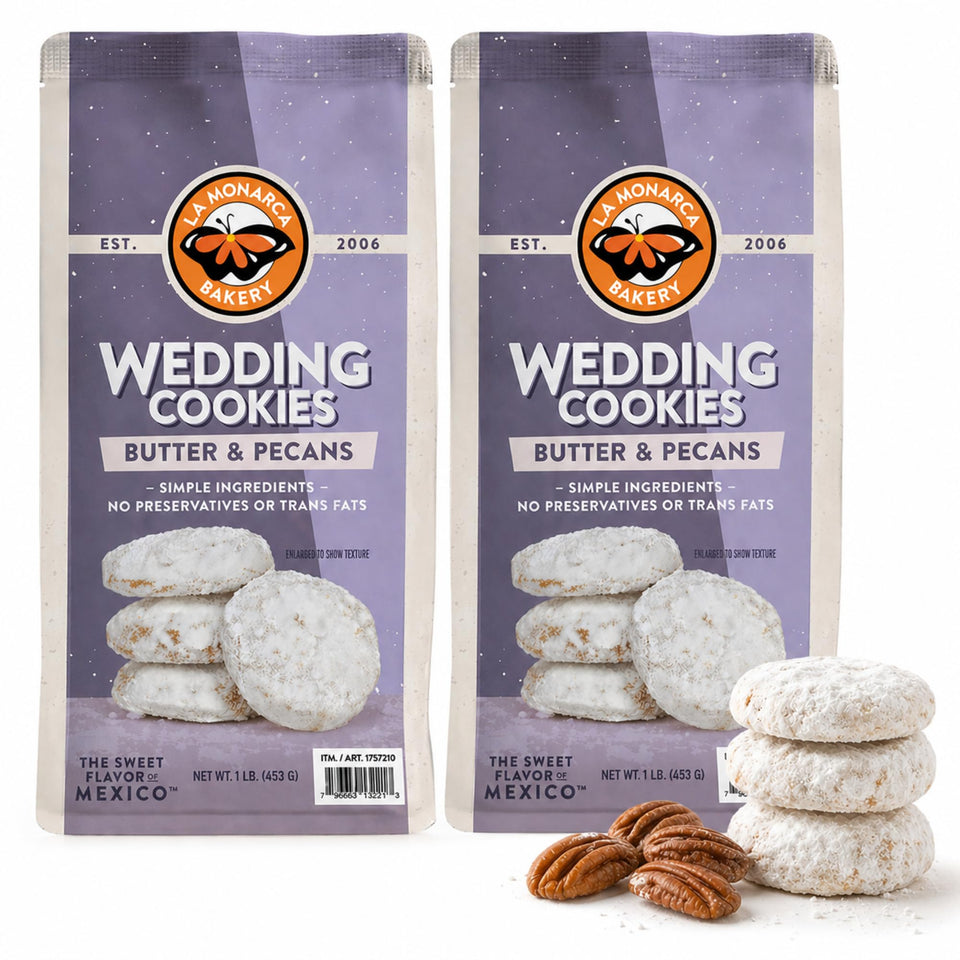 La Monarca Bakery Mexican Wedding Cookies pack with two bags, ready for celebrations.