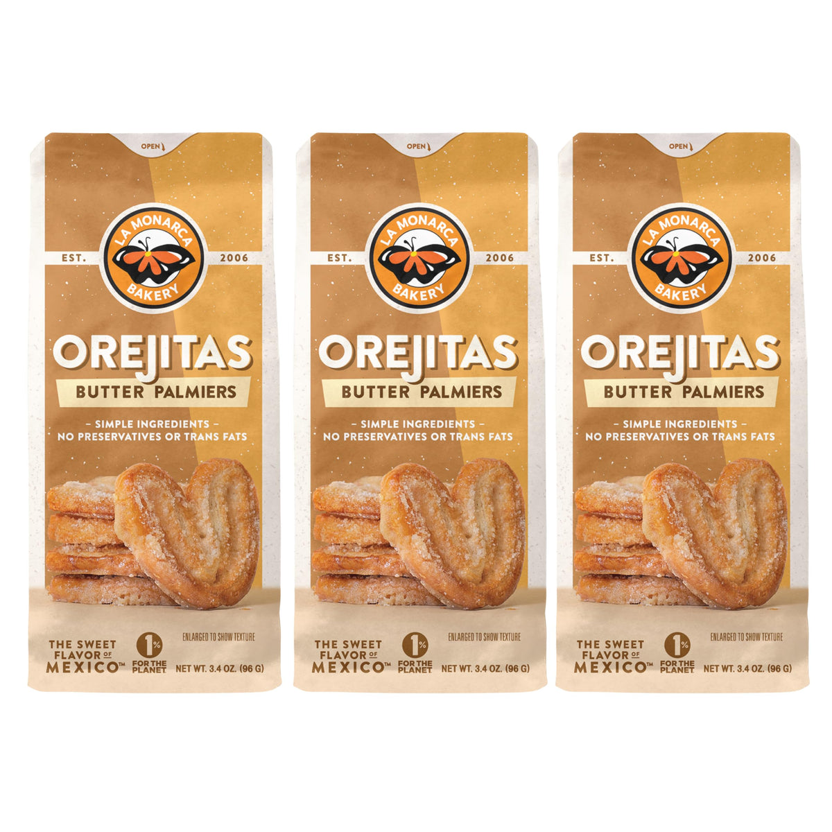 La Monarca Orejitas 3-4-ounce bags show buttery, flaky mini palmiers.