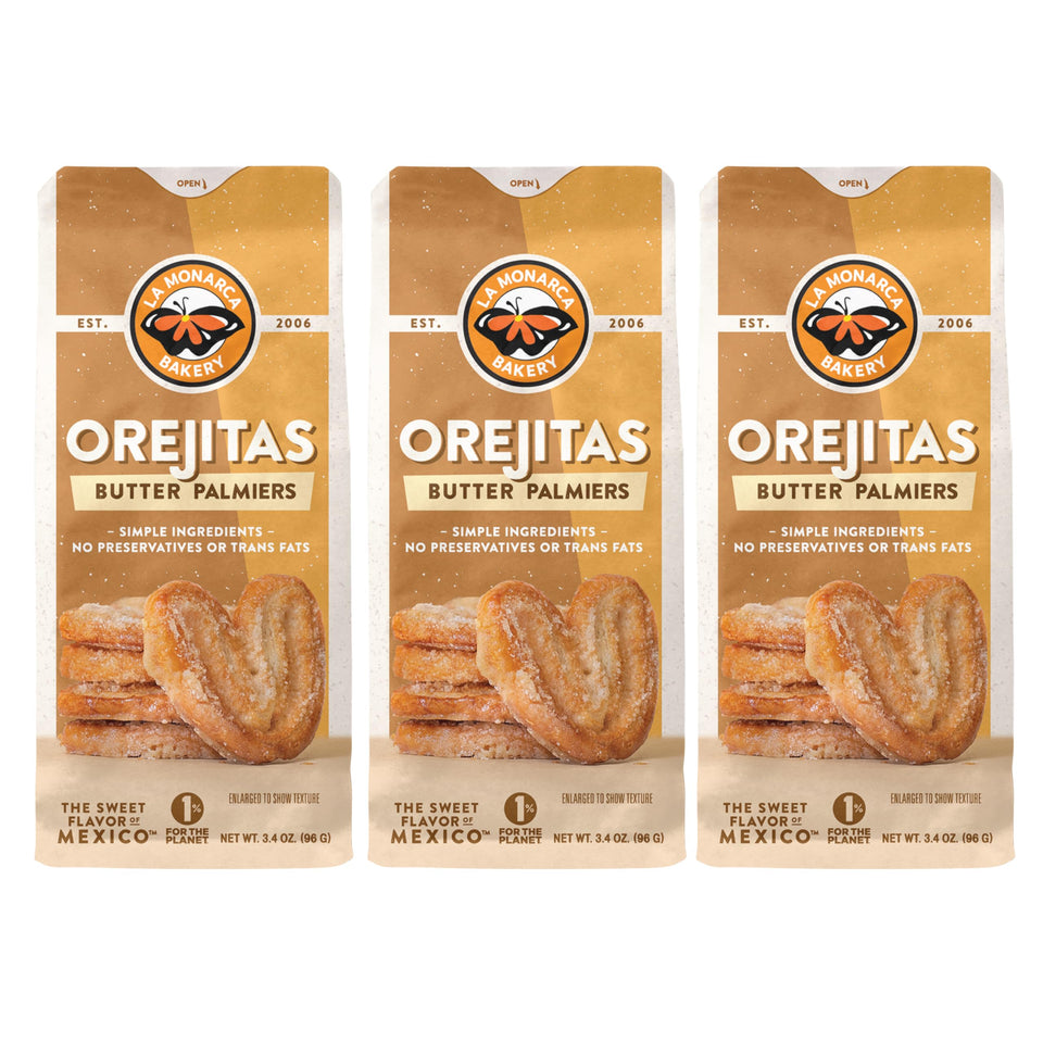 La Monarca Orejitas 3-4-ounce bags show buttery, flaky mini palmiers.