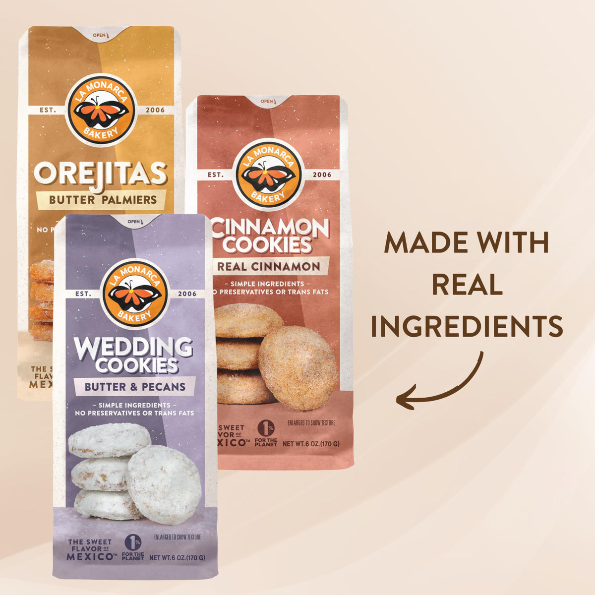 La Monarca Orejitas Mini Palmiers Pack – real butter, sugar dusting, flaky golden crunch.