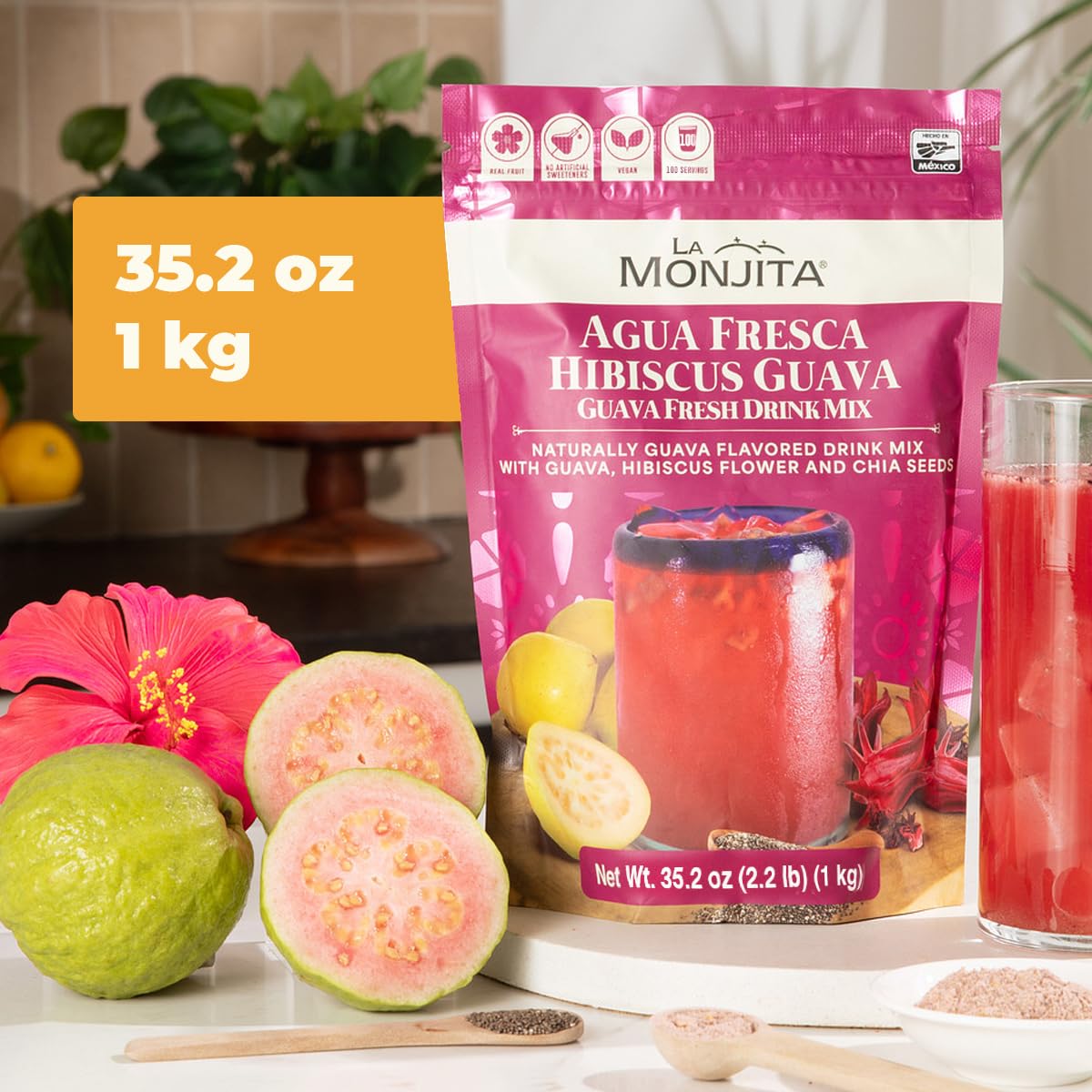 La Monjita Agua Fresca Hibiscus Guava no-added-sugar label communicates clean ingredients