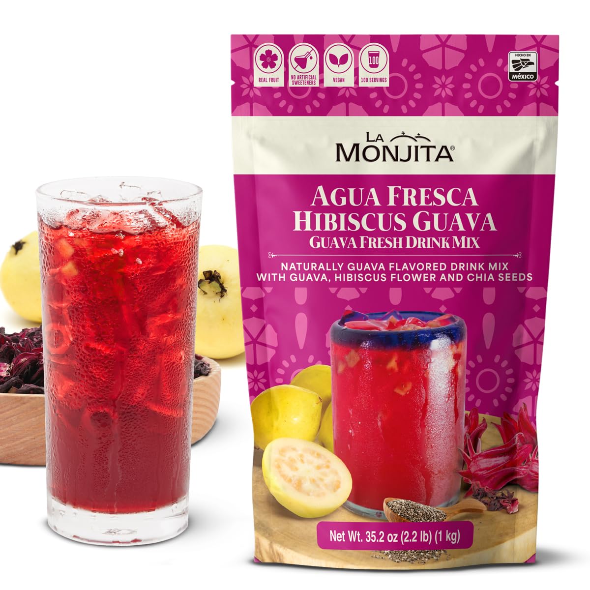 La Monjita Agua Fresca Hibiscus Guava pack shot for authentic Mexican refreshment