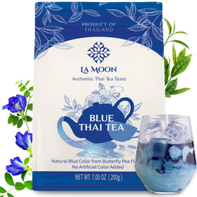 LA MOON TEA Blue Thai Tea Mix packaging highlighting natural butterfly pea and Assam tea.