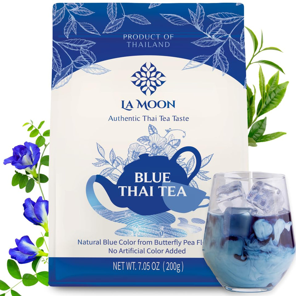 LA MOON TEA Blue Thai Tea Mix packaging highlighting natural butterfly pea and Assam tea.