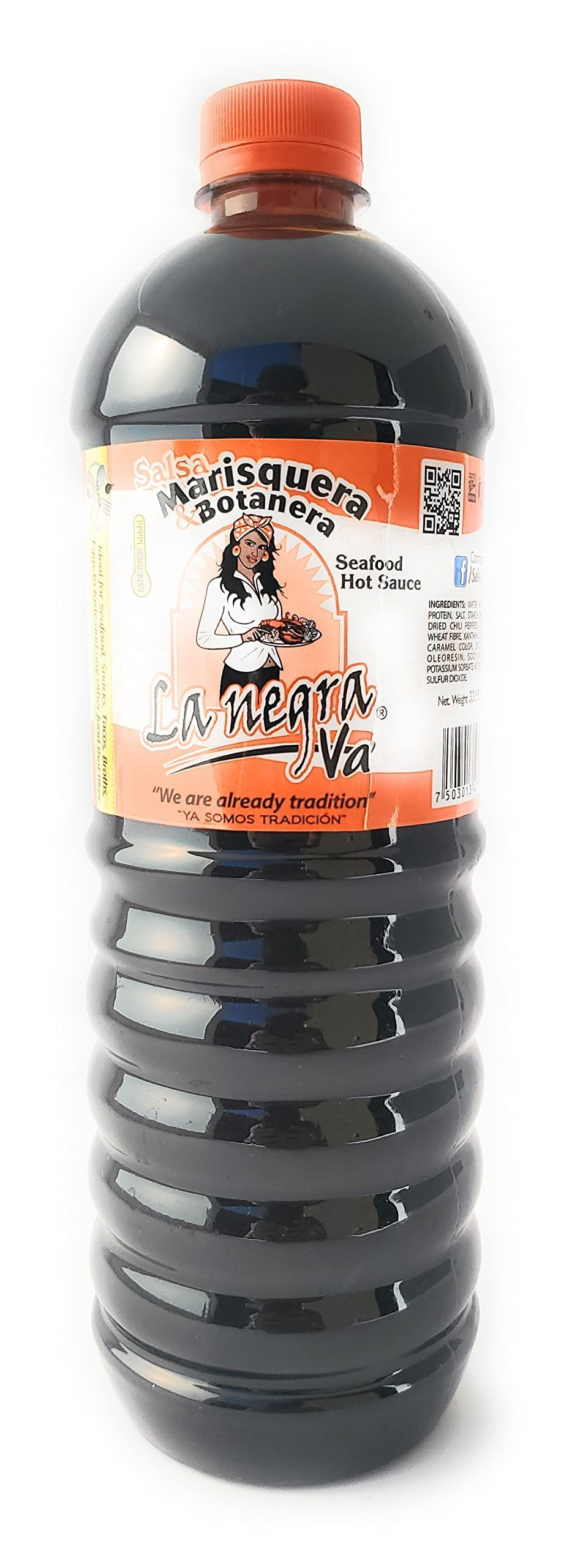 La Negra Va salsa marisquera jar opened, ready to flavor shellfish dishes.