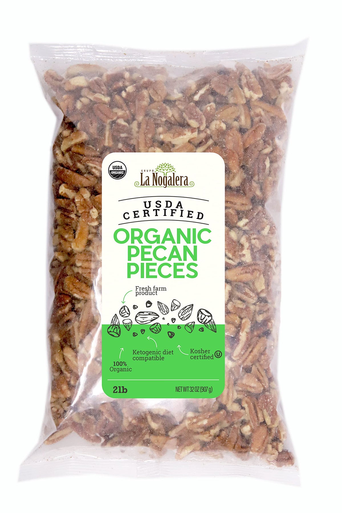 La Nogalera organic pecan pieces in a 2 lb bag, ideal for baking and snacking.