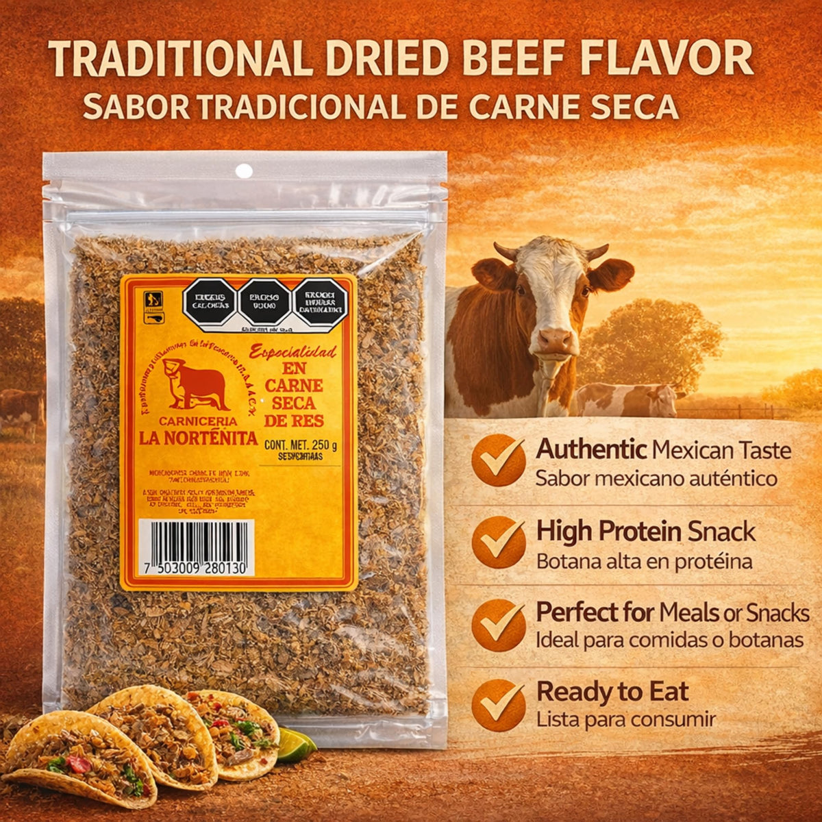 La Nortenita carne seca mexicana shredded jerky texture in a convenient pack.