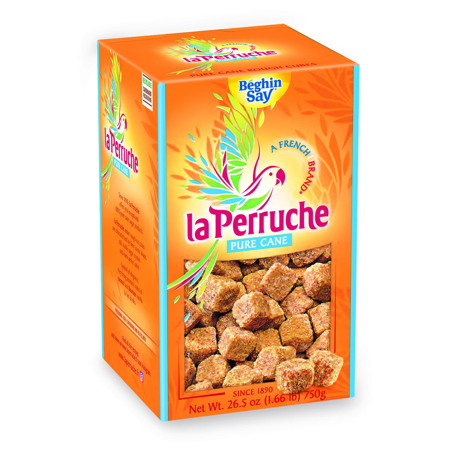 La Perruche brown sugar cubes in a box, elevate coffee with refined sweetness.