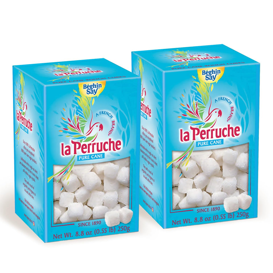 La Perruche pure cane white sugar cubes on the box front, stylish tea service.