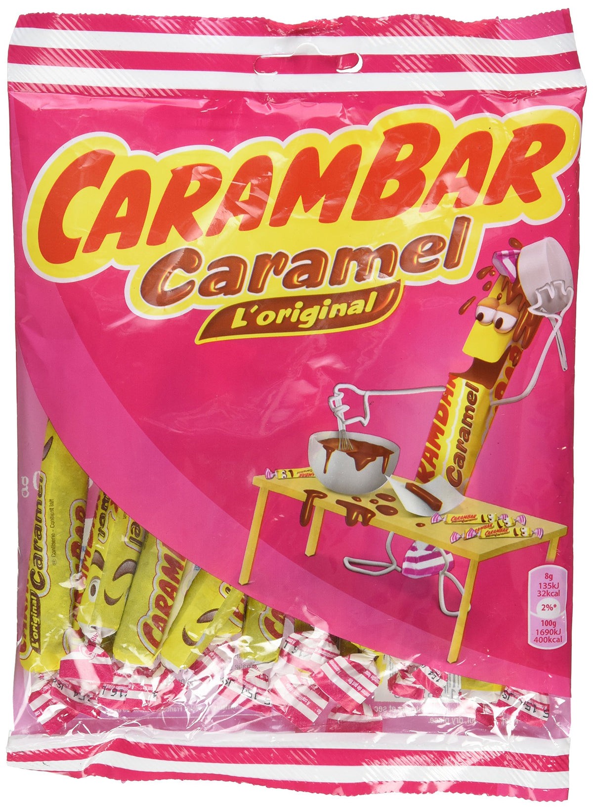 La Pie qui Chante Carambar bag front view, chewy caramel candy ready to share.