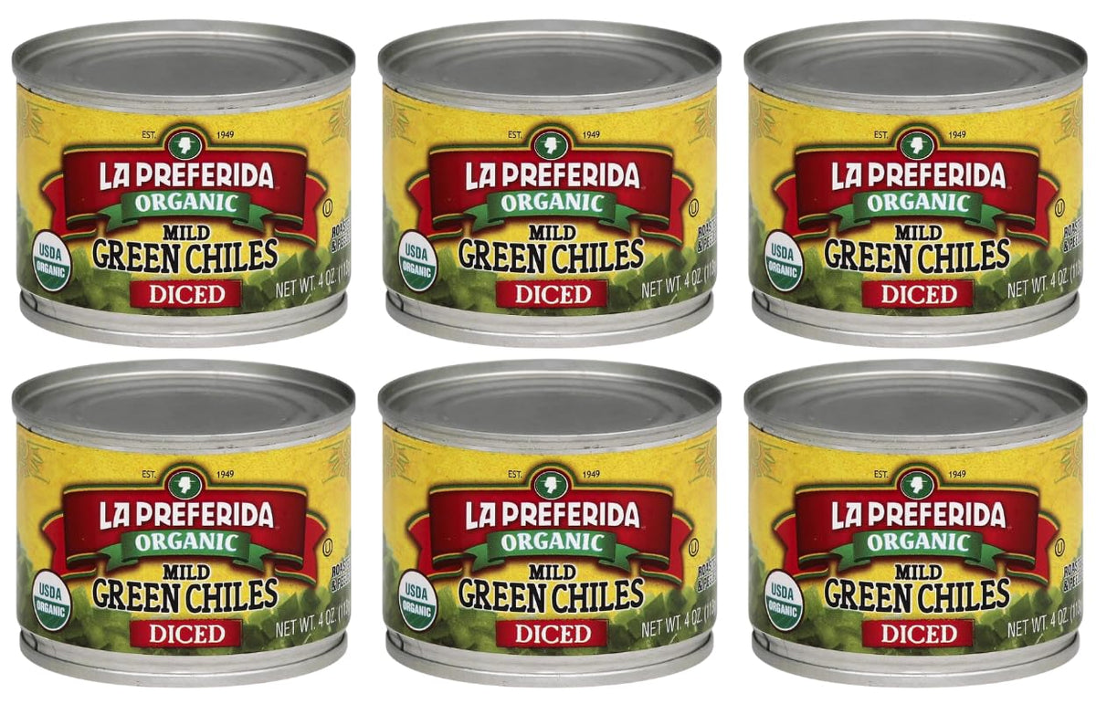 LA PREFERIDA organic diced green chiles fire-roasted and peeled can on shelf, versatile for tacos.