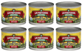 LA PREFERIDA organic diced green chiles fire-roasted and peeled can on shelf, versatile for tacos.