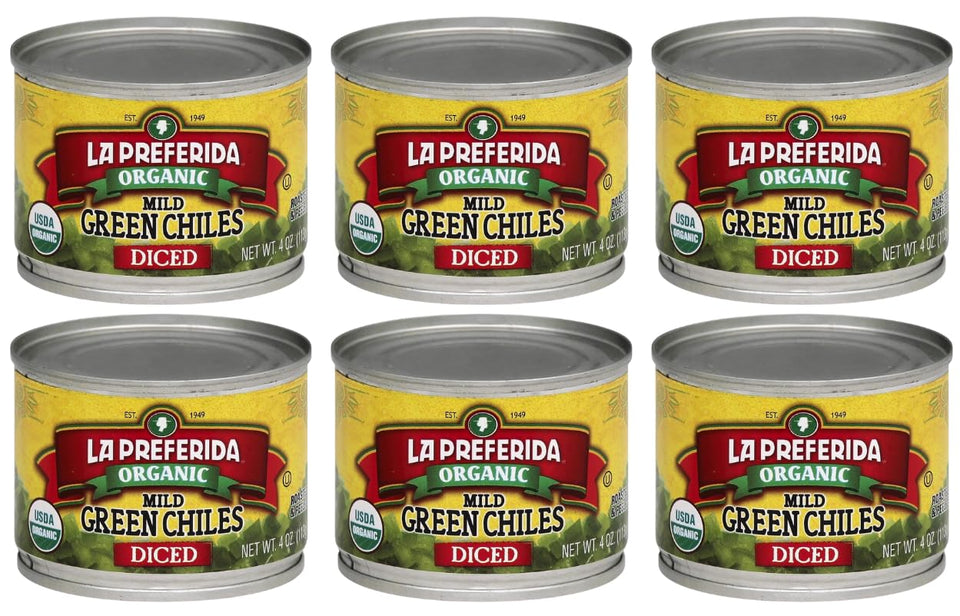 LA PREFERIDA organic diced green chiles fire-roasted and peeled can on shelf, versatile for tacos.