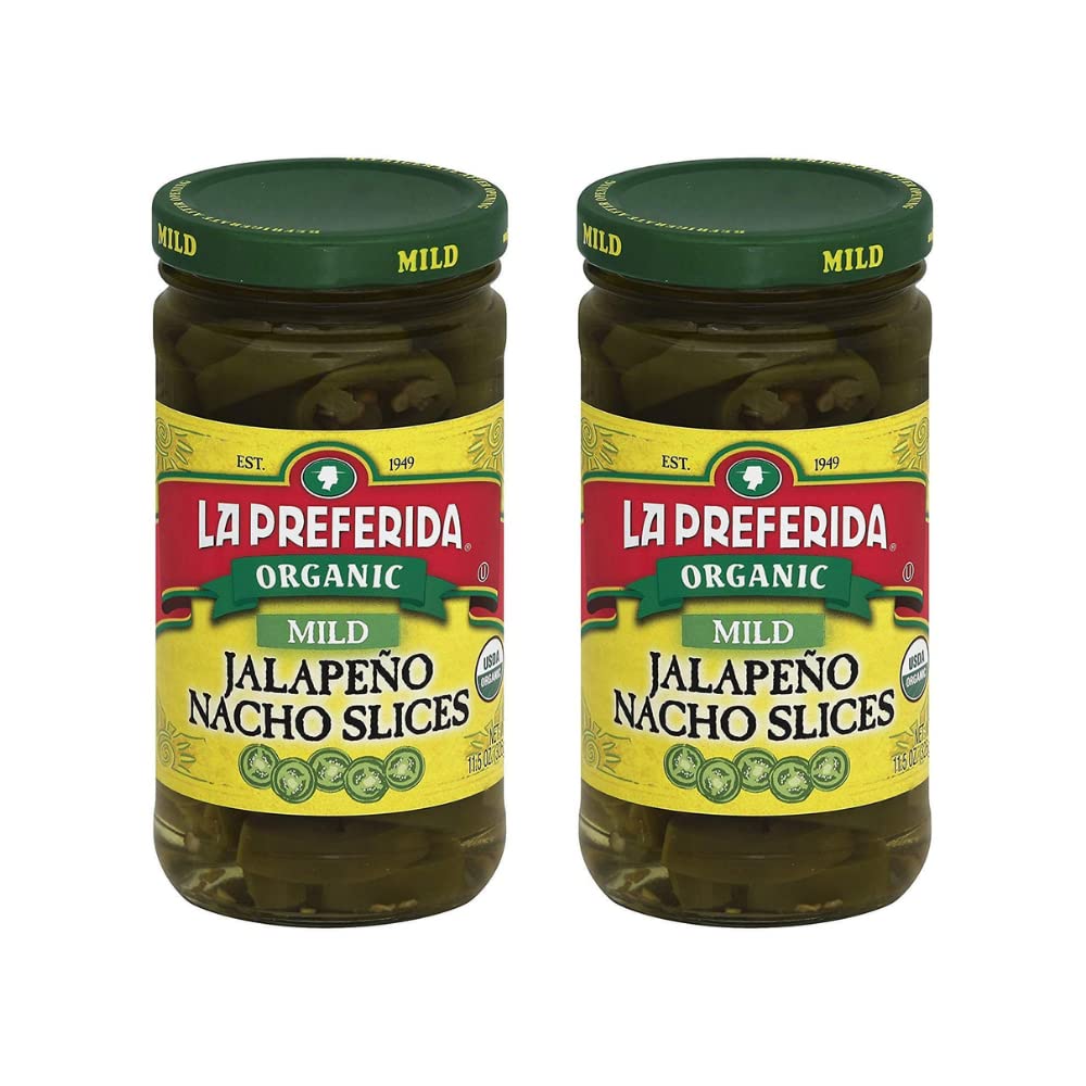La Preferida organic mid jalapeño nacho slices in jar, tangy flavor with no heat.