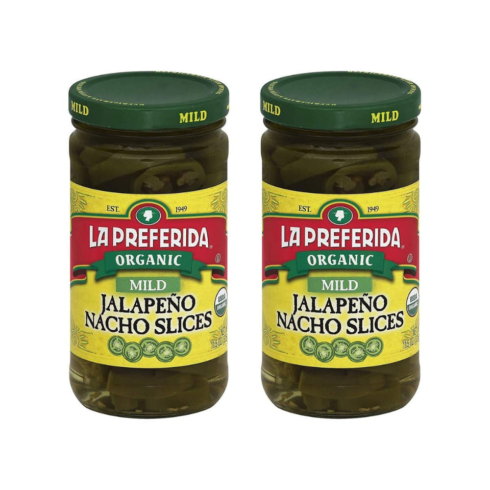 La Preferida organic mid jalapeño nacho slices in jar, tangy flavor with no heat.