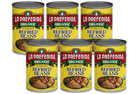 La Preferida Organic Refried Beans can-front with six-pack packaging for easy stocking