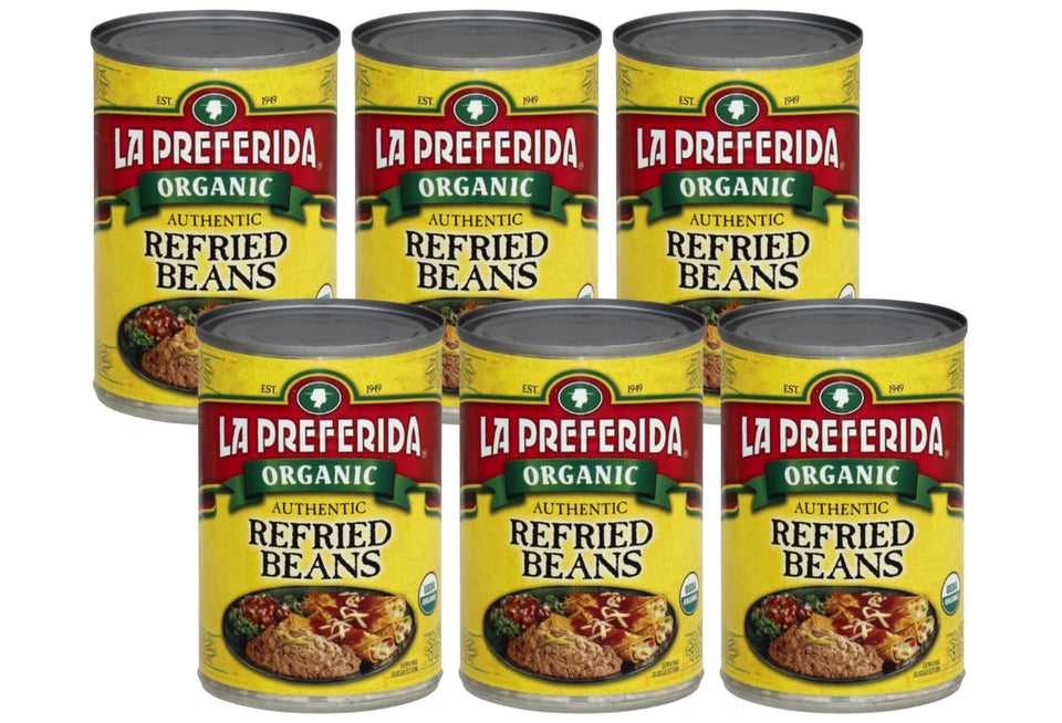 La Preferida Organic Refried Beans can-front with six-pack packaging for easy stocking