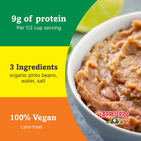 La Preferida Organic Refried Beans ingredients list highlights simple organic pinto beans and salt