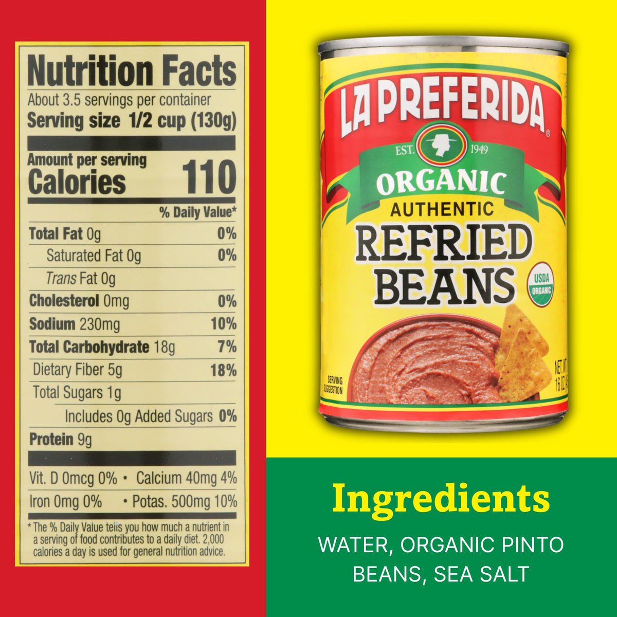 La Preferida Organic Refried Beans served in a dish, ready for dips