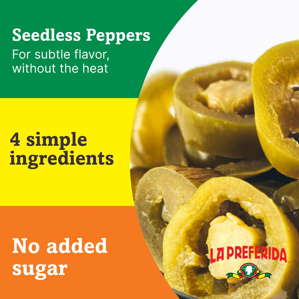 La Preferida jalapeño slices in a salad bowl for color and texture.
