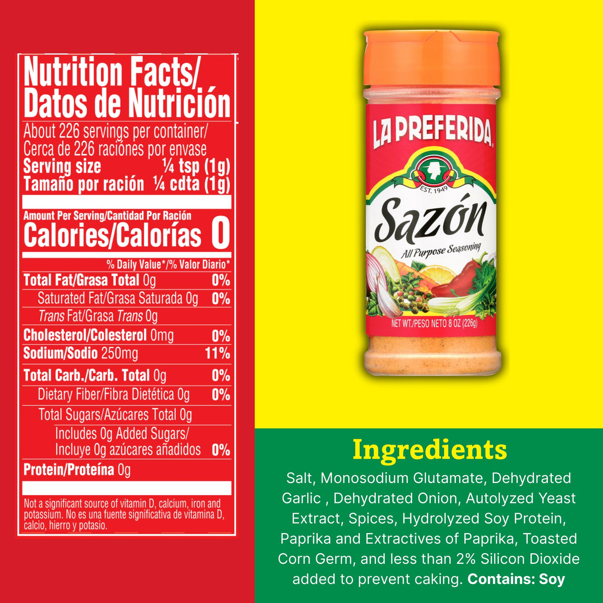 La Preferida Sazón can-label on pantry highlighting vegan-friendly appeal.