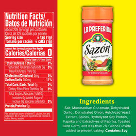 La Preferida Sazón can-label on pantry highlighting vegan-friendly appeal.