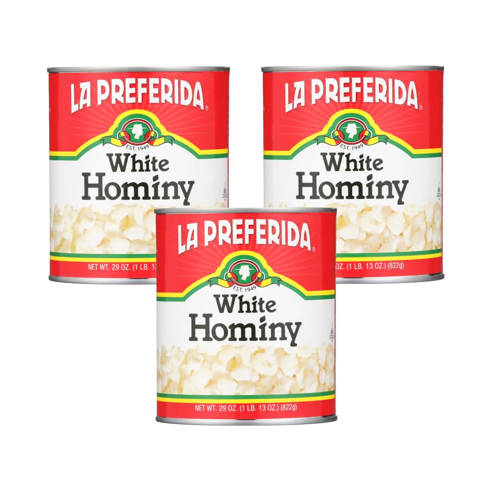 La Preferida white hominy 3-pack can, convenient base for pozole and stews.