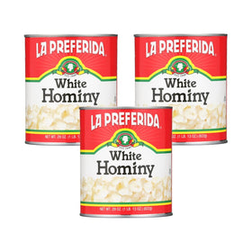 La Preferida white hominy 3-pack can, convenient base for pozole and stews.