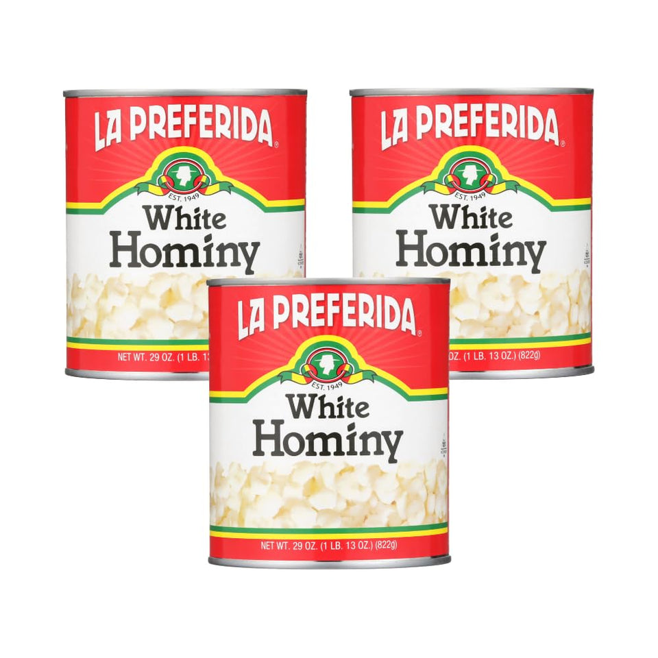 La Preferida white hominy 3-pack can, convenient base for pozole and stews.