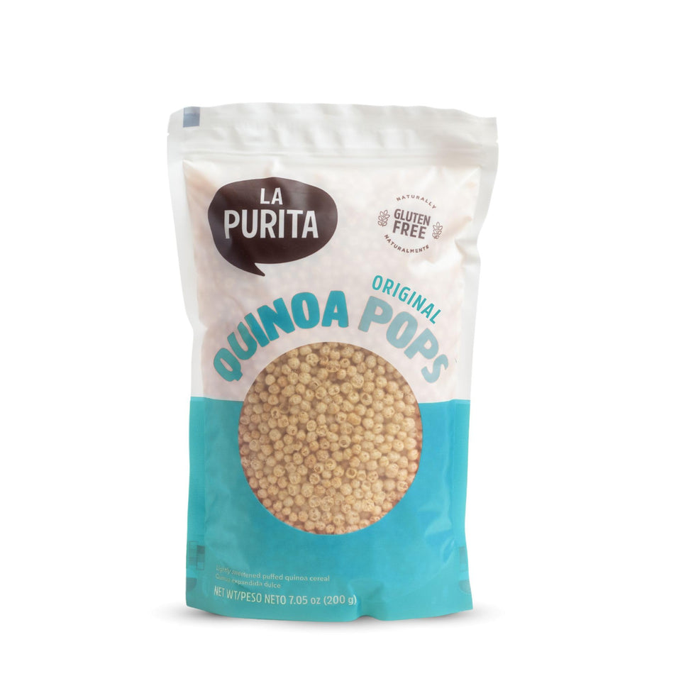 La Purita Puffed Quinoa Pops pack: gluten-free vegan snack option.