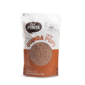La Purita Quinoa Pops Cacao box shows gluten-free vegan snack option.