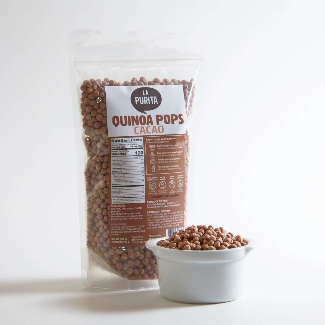 La Purita Quinoa Pops Cacao close-up highlights quinoa and cacao texture.