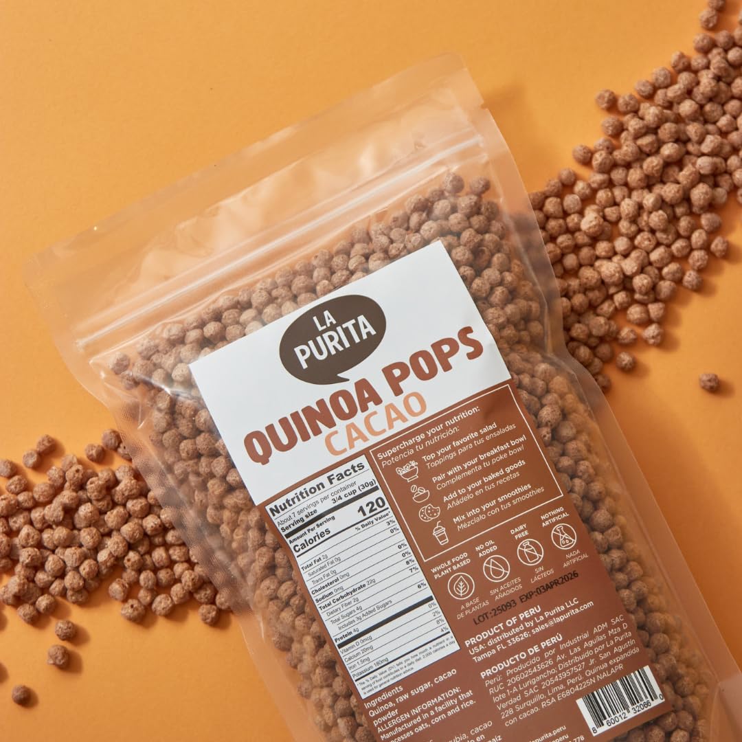 La Purita Quinoa Pops Cacao snack on the go for busy days.