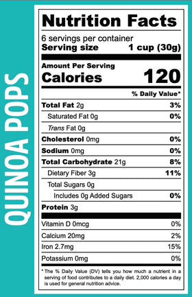 Ingredients highlight: 100% quinoa with no added oil.