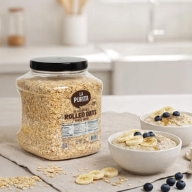 La Purita rolled oats packaging shows pure, non-GMO oats