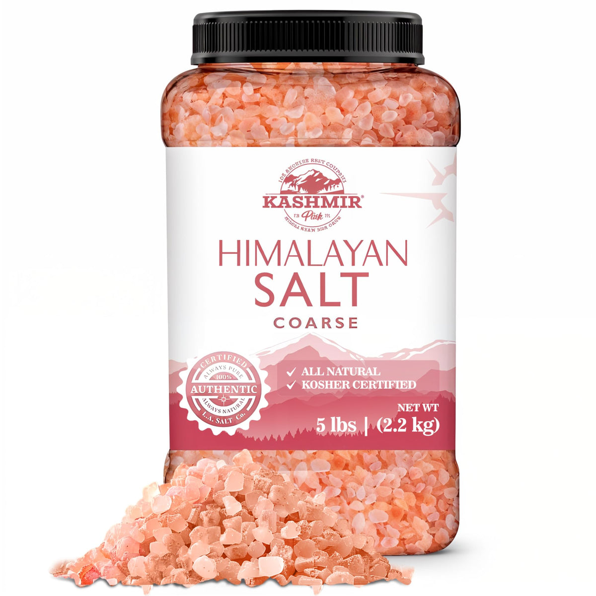 LA SALT CO Kashmir pink Himalayan salt coarse bulk jar closeup, perfect for gourmet seasoning.