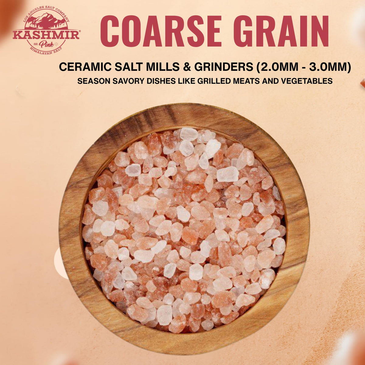 LA SALT CO Kashmir pink Himalayan salt grains close-up, elevating roasted vegetables with natural minerals.
