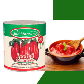La San Marzano 106 oz can showcases quality, perfect for bulk cooking and batch sauces.