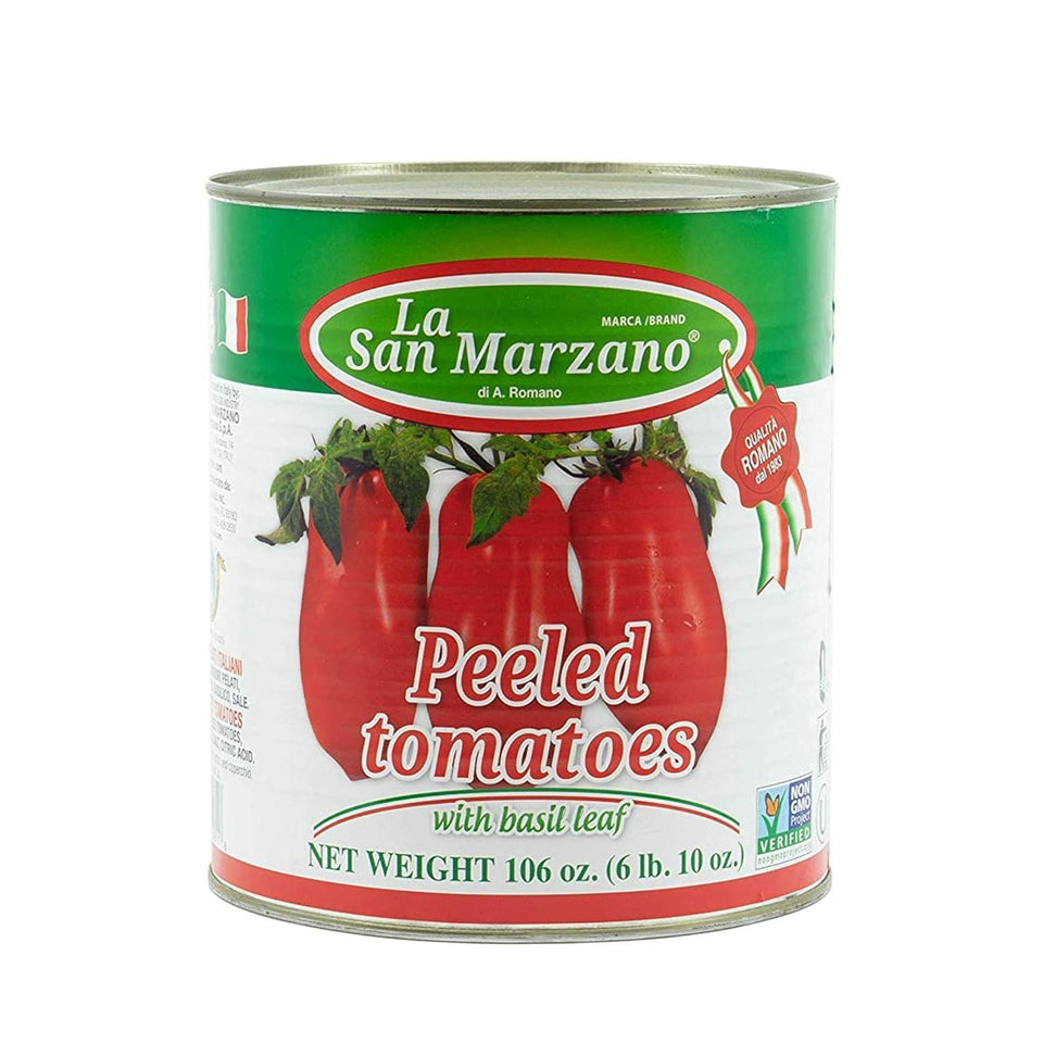 La San Marzano peeled plum tomatoes in basil leaf puree, ideal for rich sauces.