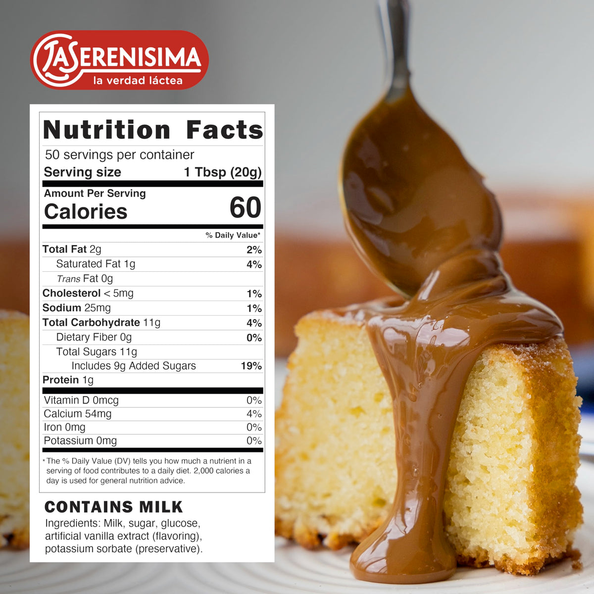 La Serenisima Dulce de Leche bottle closeup highlights glossy caramel texture for baking.