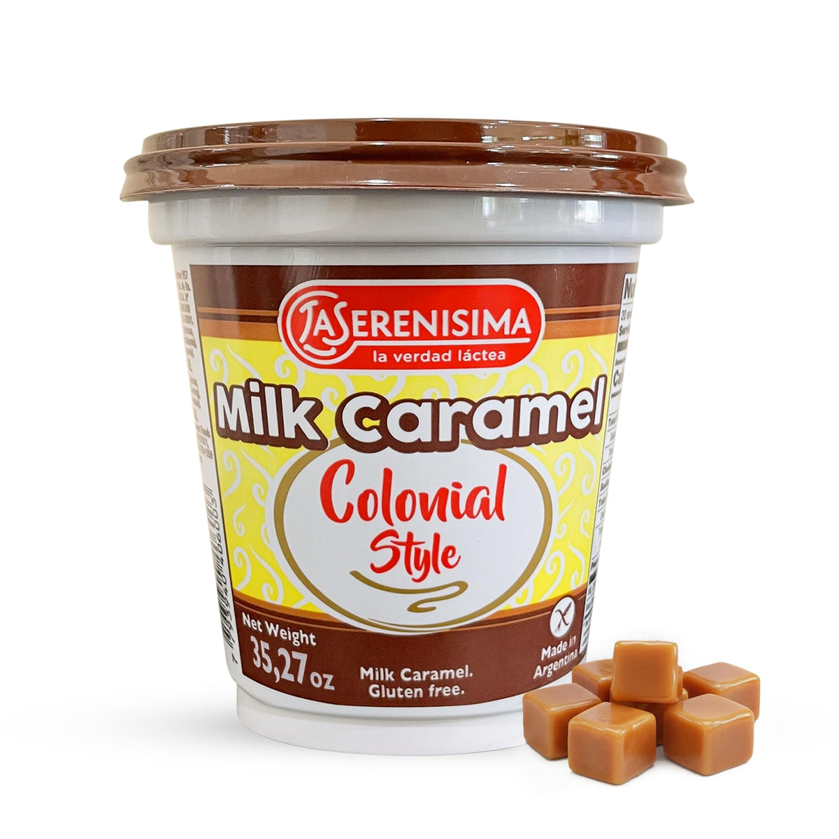 La Serenisima Dulce de Leche jar pouring shows creamy caramel richness for desserts.