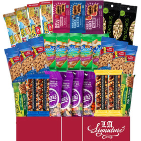 LA Signature box opened showing 30 varied snacks for on-the-go.