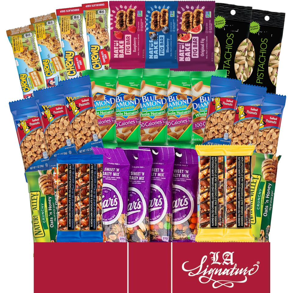 LA Signature box opened showing 30 varied snacks for on-the-go.