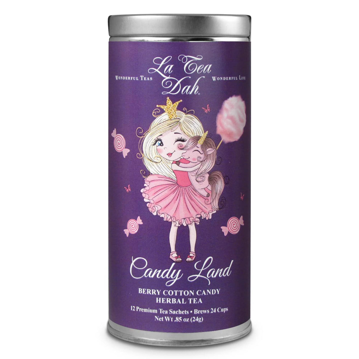 La Tea Dah Candy Land tin featuring Berry Cotton Candy tea for kids, caffeine-free