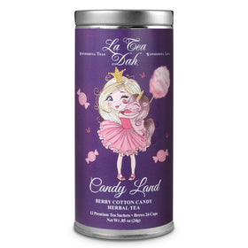 La Tea Dah Candy Land tin featuring Berry Cotton Candy tea for kids, caffeine-free