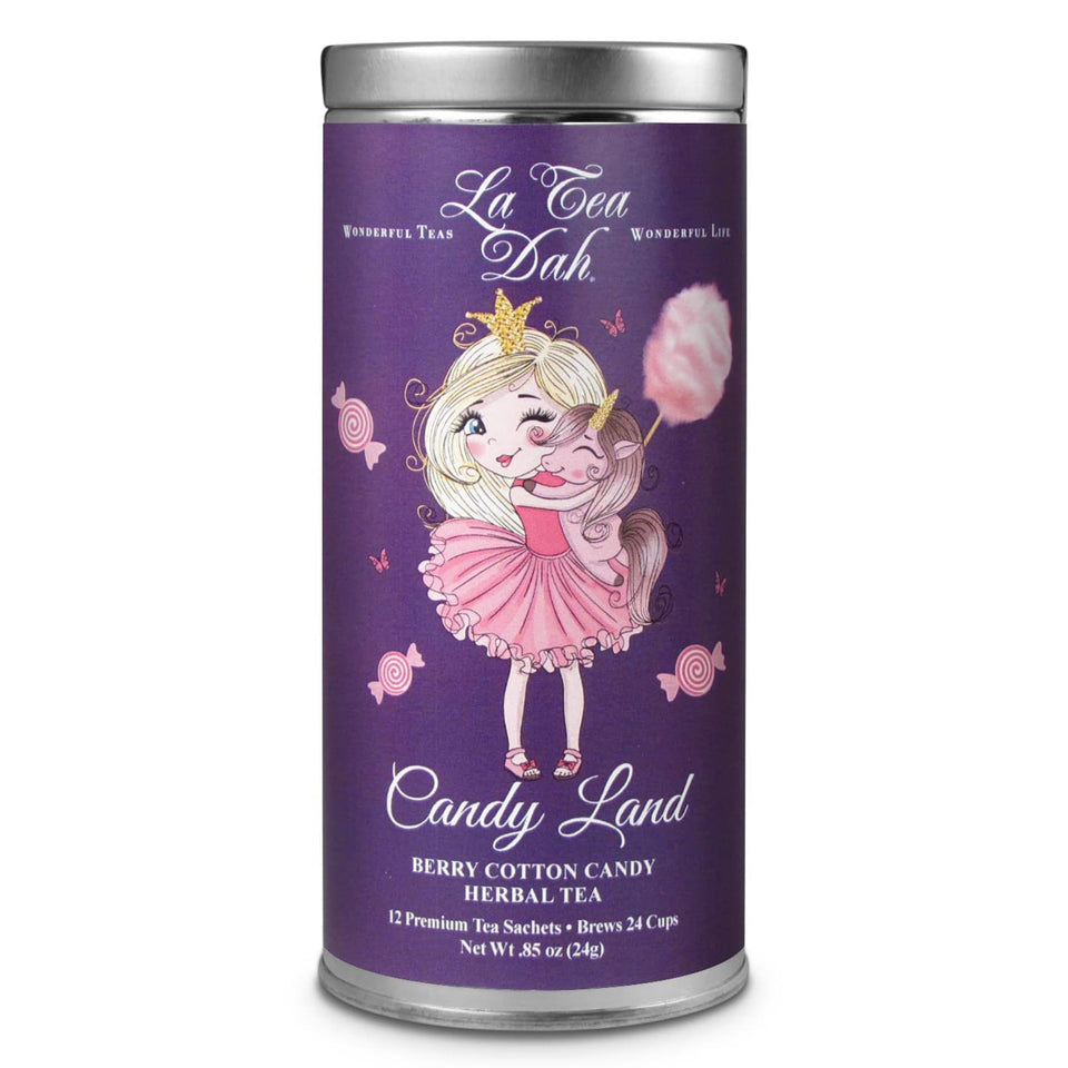 La Tea Dah Candy Land tin featuring Berry Cotton Candy tea for kids, caffeine-free